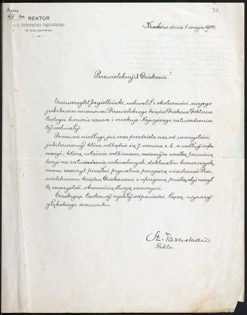 List od prof. Stanisława Tarnowskiego rektora Uniwersytetu Jagiellońskigo w sprawie przyznania ks. Kujotowi tytułu doktora honoris causa.